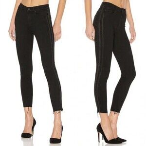 MOTHER Looker Ankle Fray Jeans Women’s 24 Black Tuxedo Stripe Raw Hem Skinny